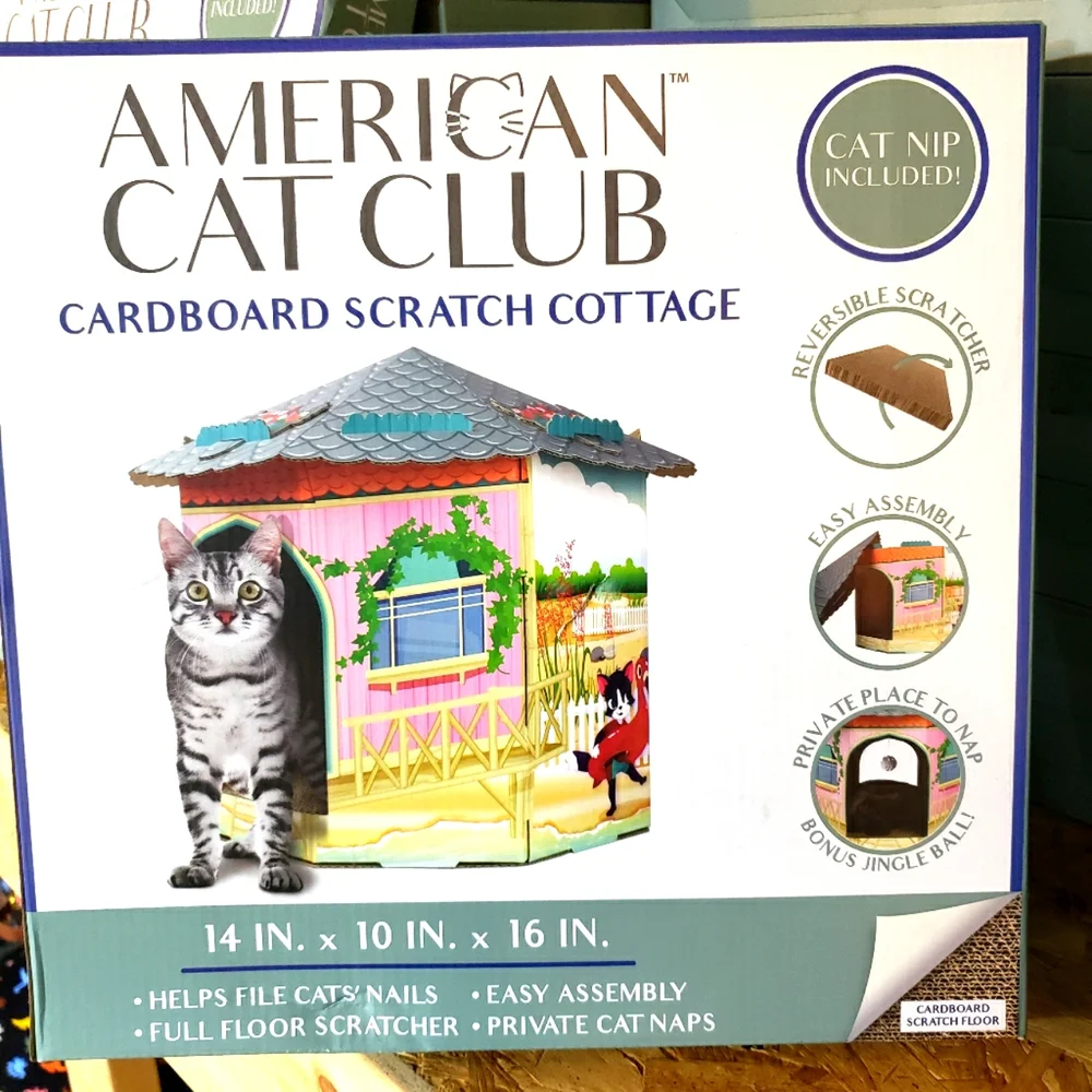 NEW American Cat Club Round Cottage Cardboard Cat House & Scratcher w/Catnip